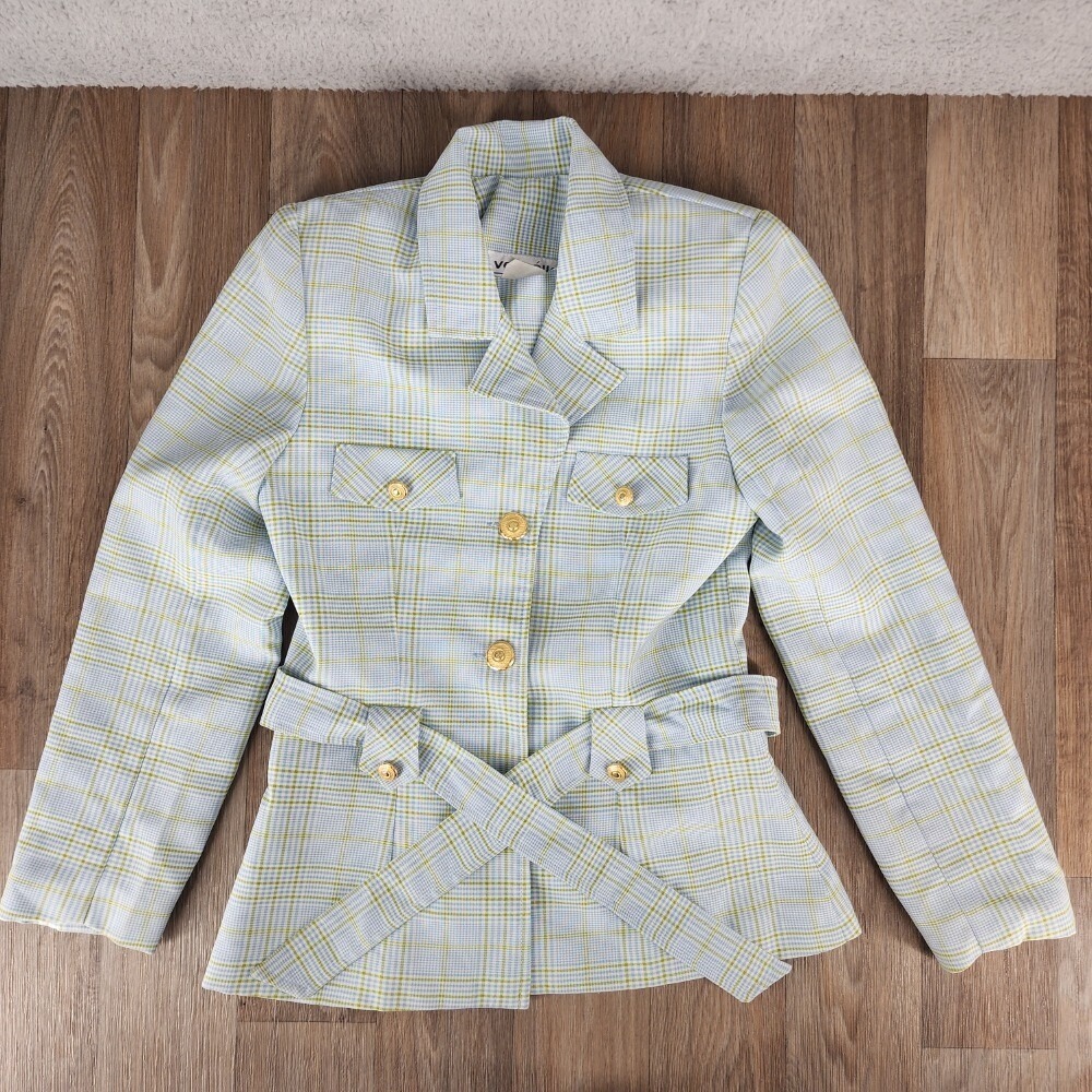 Vernelle Vintage Size 10 Blue Plaid Blazer Jacket Belted Gold Button Career